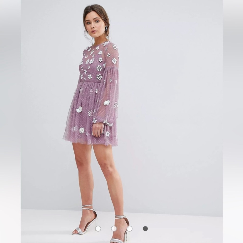 ASOS Floral Cluster Embellished Balloon Sleeve Mini Dress